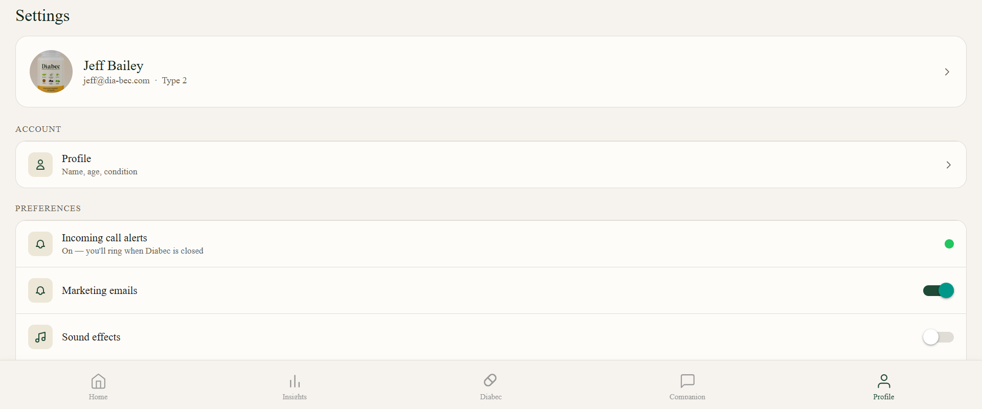 Profile and settings